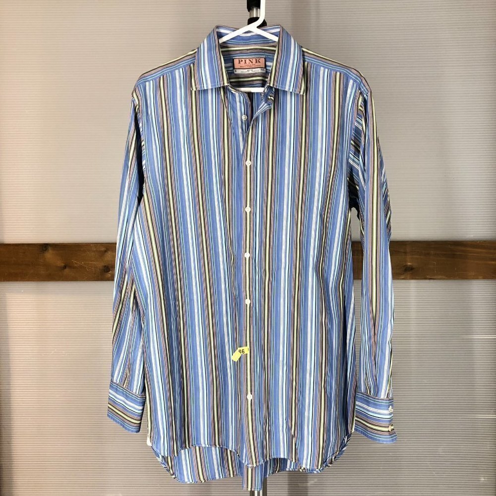 Pink THOMAS PINK Striped Button Down Shirt Blue Yellow White Green Sz 16 /‎ 34.5 - Picture 2 of 10